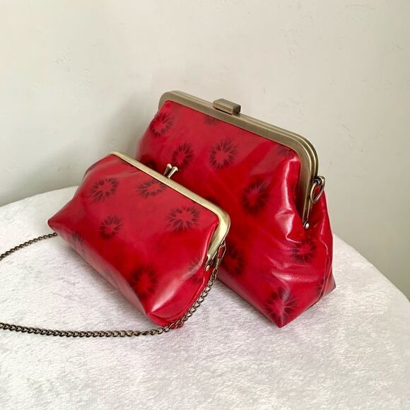 Red Cowhide Leather Handmade Push-lock Purse/Crossbody Includes  Small Clutch - Picture 2 of 16